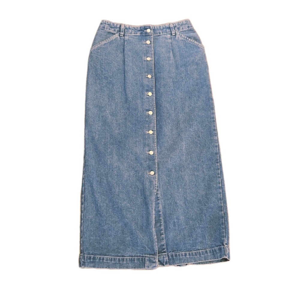 Gap Womens Y2K Denim Maxi Skirt Blue Snap Front A-Line Slit Pockets Size 8